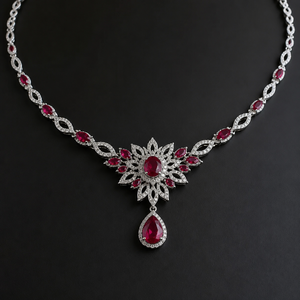 A luxury women's necklace made of silver with ruby stones suitable for anniversary. a red ruby necklace with a chain in silver and small red colour ruby it should be luxury and gorgeous
photorealistic jewelry design, A luxury women's necklace made of silver with ruby stones suitable for anniversary. a red ruby necklace with a chain in silver and small red colour ruby it should be luxury and gorgeous, luxury style, just the design no text