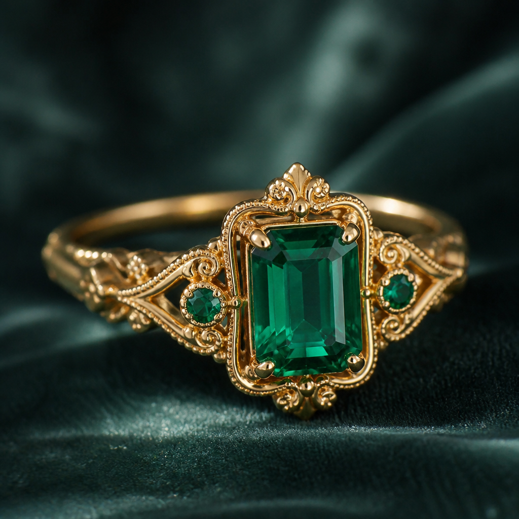 A victorian women's ring made of gold with emerald stones suitable for engagement
photorealistic jewelry design, A victorian women's ring made of gold with emerald stones suitable for engagement, victorian style, just the design no text