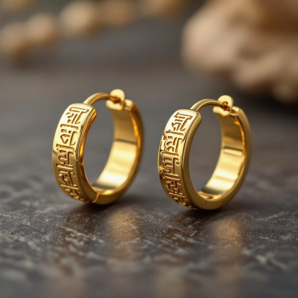 Серьги золотые в форме полукруга, полукруг как продолжение застежки, на полукруге надписи мантрами на санскрите