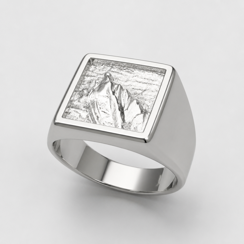A minimalist men's ring made of silver
using the attached image as a visual reference, create A minimalist men's ring made of silver. photorealistic, just the design no text