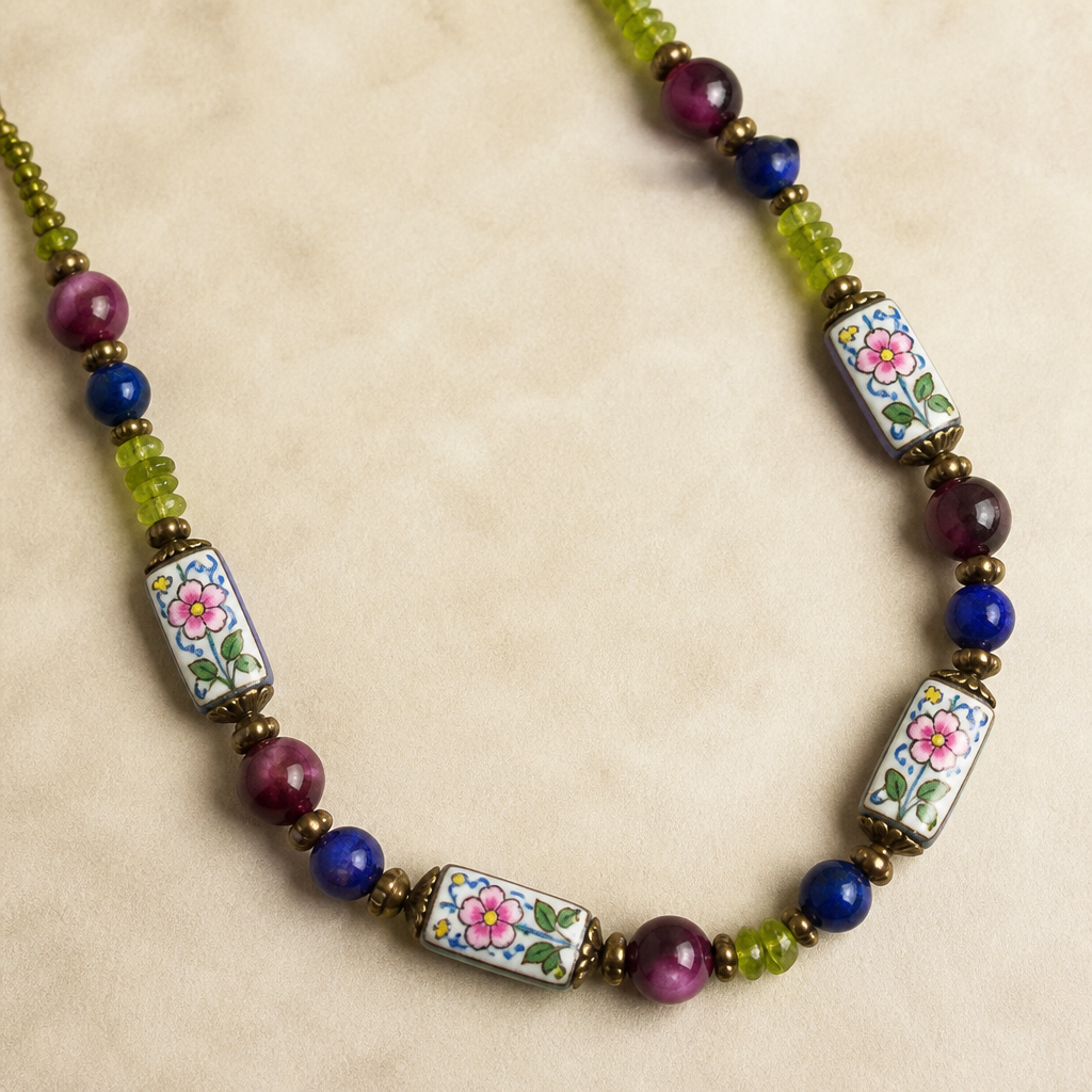 12mm rectangular hand painted beads with pink flowers and blue vines with green and yellow spots, 8mm lapis round beads, pink tigers eye round beads 8.5 mm, 4-5mm peridot chips necklace
photorealistic jewelry design, 12mm rectangular hand painted beads with pink flowers and blue vines with green and yellow spots, 8mm lapis round beads, pink tigers eye round beads 8.5 mm, 4-5mm peridot chips necklace , vintage style, just the design no text