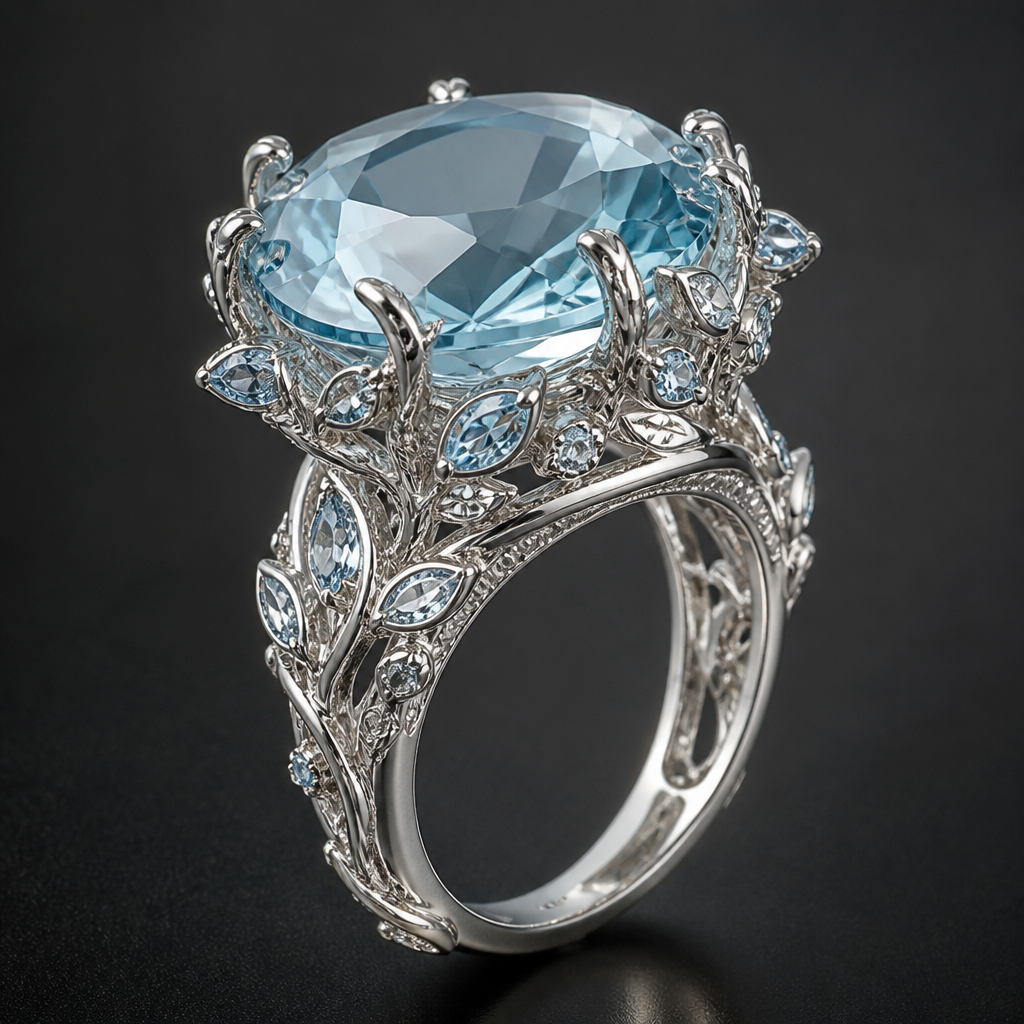 A cocktail women's ring with aquamarine stones, highly ornate, intricate and elaborate, richly detailed. delicado , sencillo y que salgan unas mini ramitas que sujetan la gema
photorealistic jewelry design, A cocktail women's ring with aquamarine stones, highly ornate, intricate and elaborate, richly detailed. delicado , sencillo y que salgan unas mini ramitas que sujetan la gema, cocktail style, just the design no text