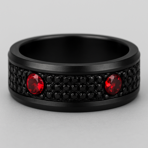 Men’s thick wedding band black with black stones and 2 rubies 