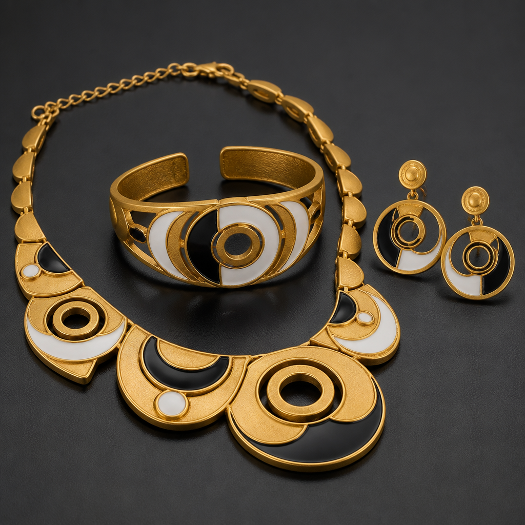 Prompt: A luxurious 21k gold jewelry set consisting of a necklace, bracelet, and earrings. The design is a sophisticated blend of semicircles and circular rings. The gold has a rich, deep yellow color with a distinct matte texture and soft satin finish. Decorated with intricate, delicate enamel work (enameling) in contrasting solid black and pure white colors. High-end jewelry design, professional macro photography, soft studio lighting highlighting the matte gold texture and sharp enamel details, minimalist dark grey background, 8k resolution. --ar 4:3 --v 6.0