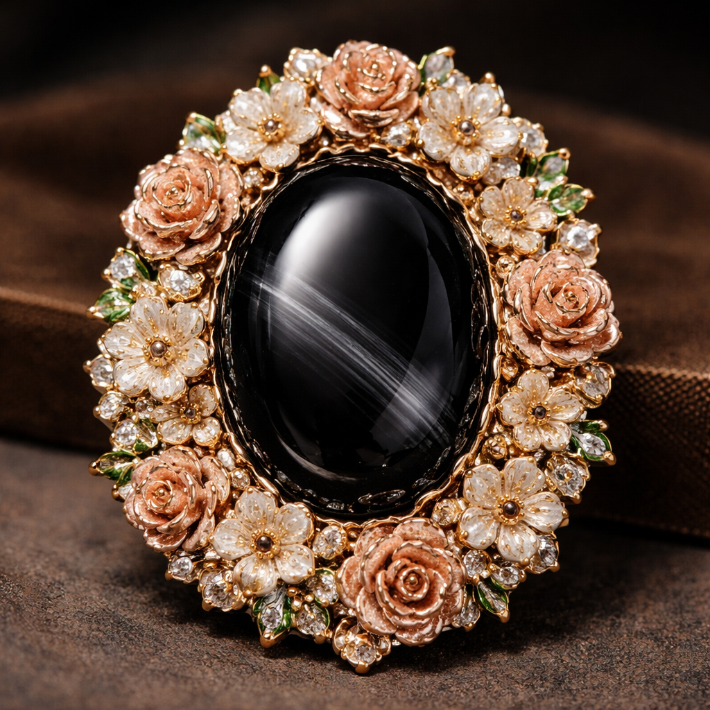 Black agate gemstone with flower bezel around it