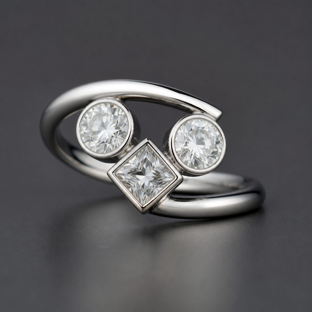 Two round one princess cut diamonds in a ring
photorealistic jewelry design, Two round one princess cut diamonds in a ring, avant_garde style, just the design no text