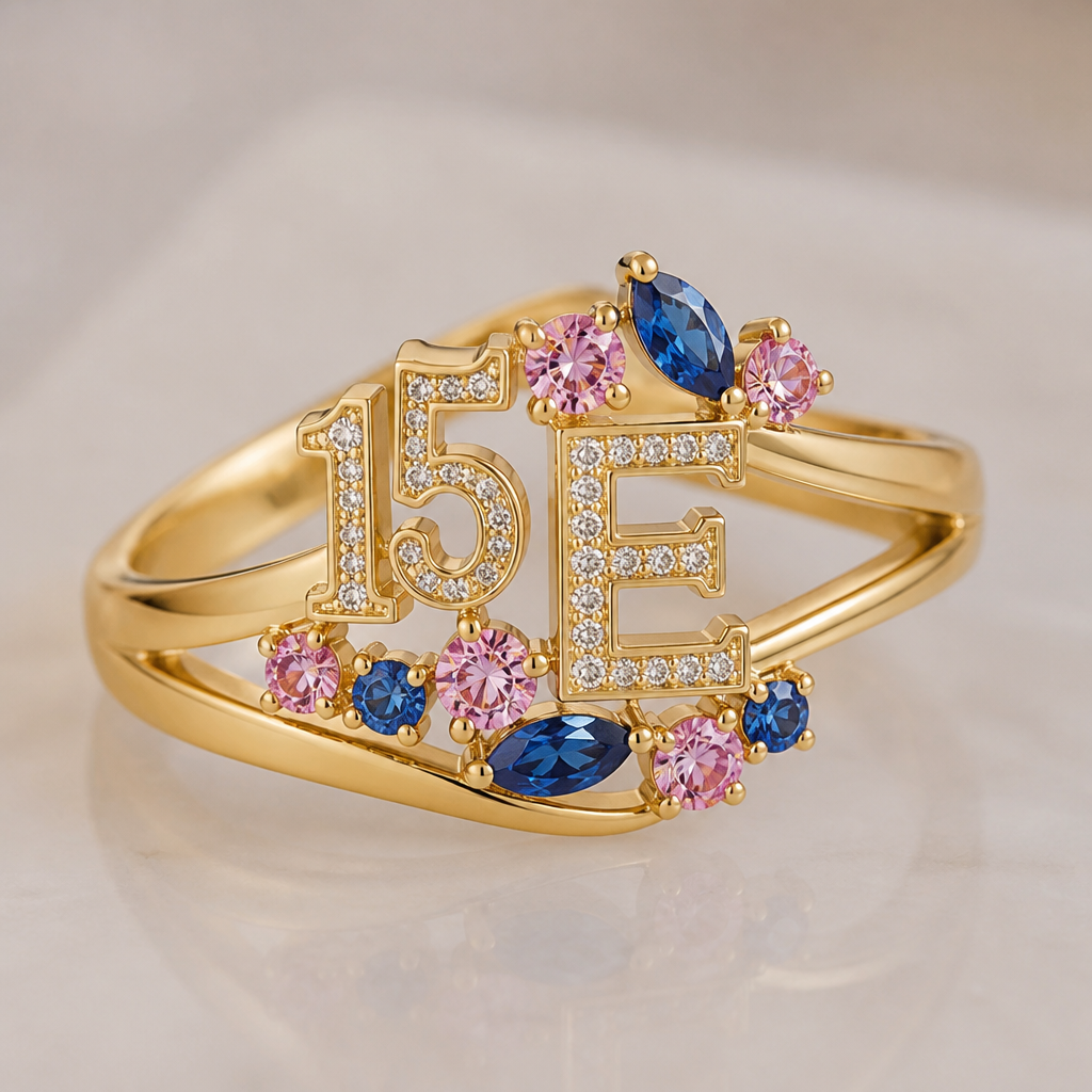 A contemporary women's ring made of gold, detailed and decorative, moderately ornate. um anel de 15 anos com inicial E com pedrinhas azul e pedrinhas rosa em volta
photorealistic jewelry design, A contemporary women's ring made of gold, detailed and decorative, moderately ornate. um anel de 15 anos com inicial E com pedrinhas azul e pedrinhas rosa em volta, contemporary style, just the design no text