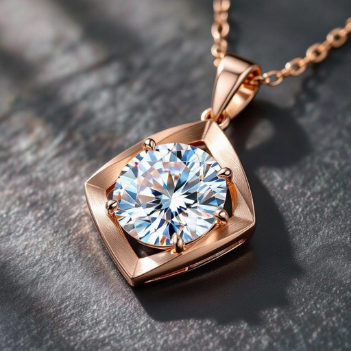 Design a contemporary pendant featuring a single, large diamond shaped like a wing, symbolizing freedom and elegance. The diamond is elegantly set in a sleek, minimalist rose gold frame that accentuates its brilliance. The modern aesthetic is enhanced with clean lines and asymmetry, making it a striking statement piece for the avant-garde wearer.