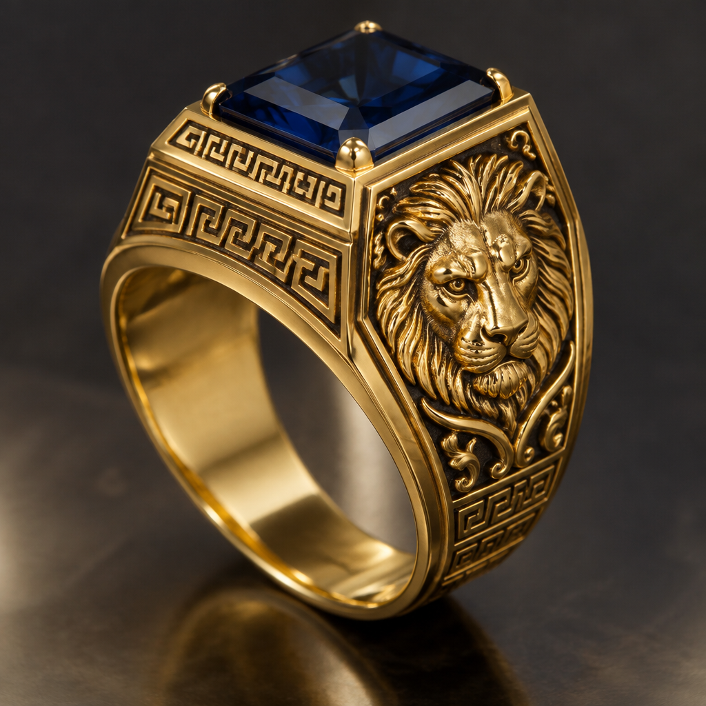 Gold men ring with a head of a lion on the one side. Head must be flat and looking in front not from profile. Put some Greek ornaments also. Put a blue rock on the top
photorealistic jewelry design, Gold men ring with a head of a lion on the one side. Head must be flat and looking in front not from profile. Put some Greek ornaments also. Put a blue rock on the top, gold style, just the design no text