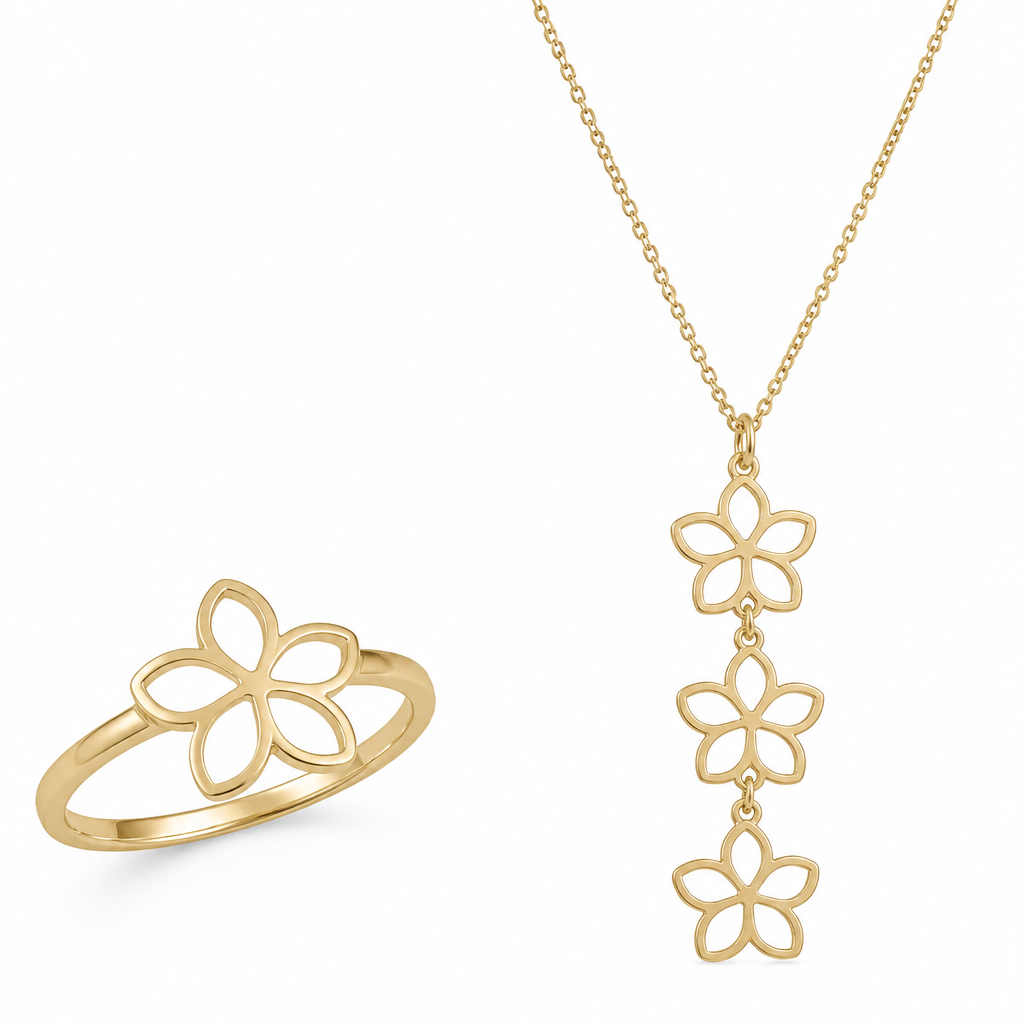A women's ring made of gold. dainty long 16 in necklace with 2 inch dangling. on the dangling with 3 puakenikeni cut outs
photorealistic jewelry design, A women's ring made of gold. dainty long 16 in necklace with 2 inch dangling. on the dangling with 3 puakenikeni cut outs, modern style, just the design no text