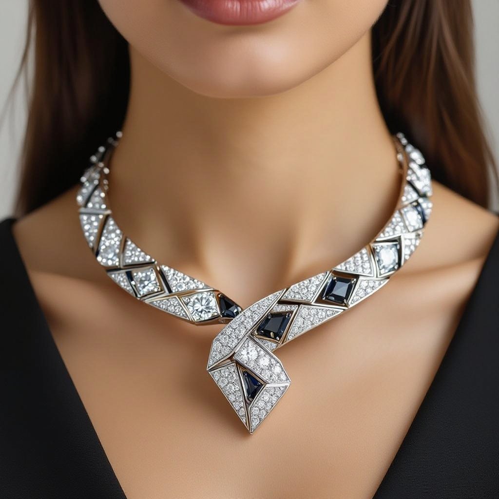 Necklace of geometric snake leather with diamonds of architecture shapes