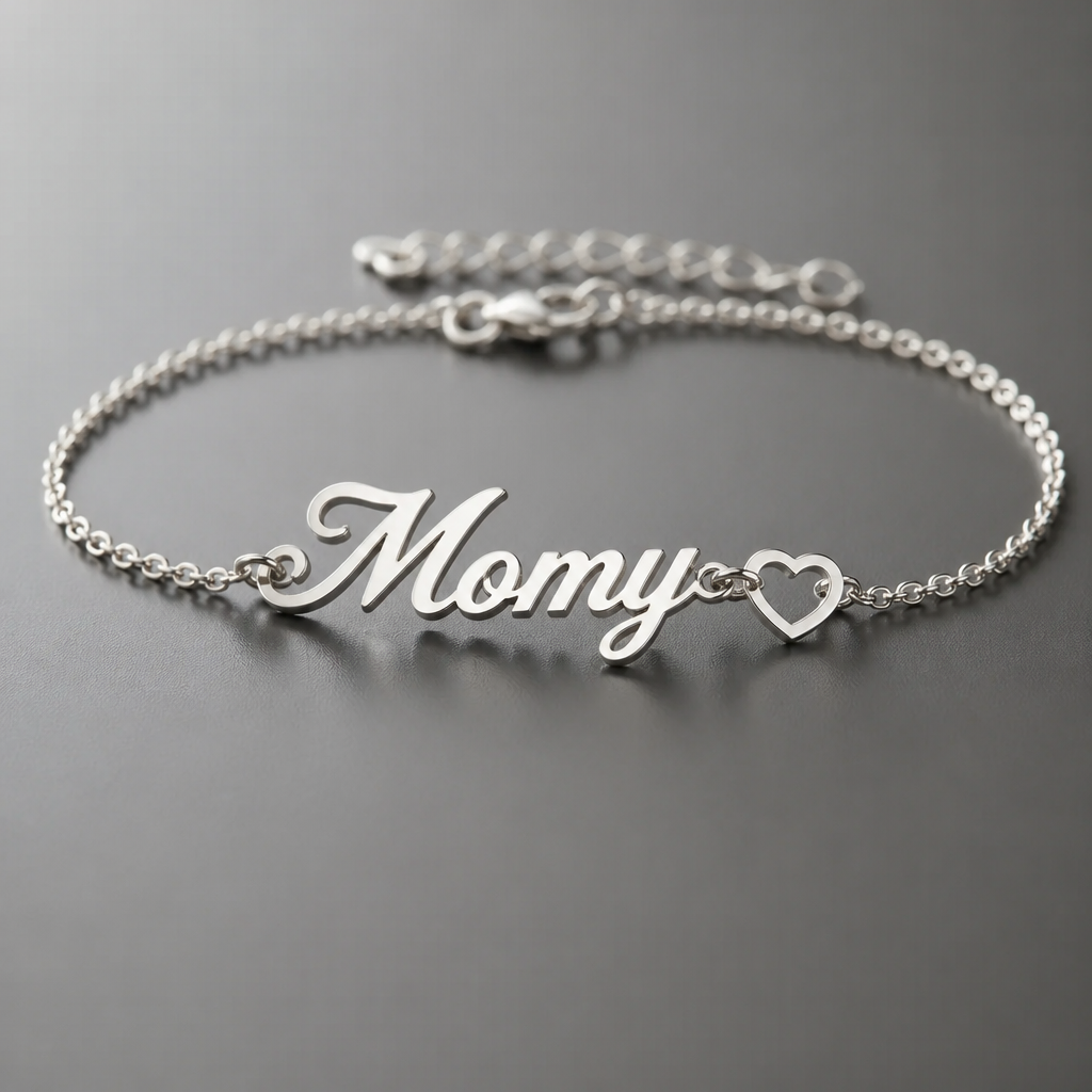 Écrit le nom Momy deriere un bracelet en argent
photorealistic jewelry design, Écrit le nom Momy deriere un bracelet en argent , just the design no text