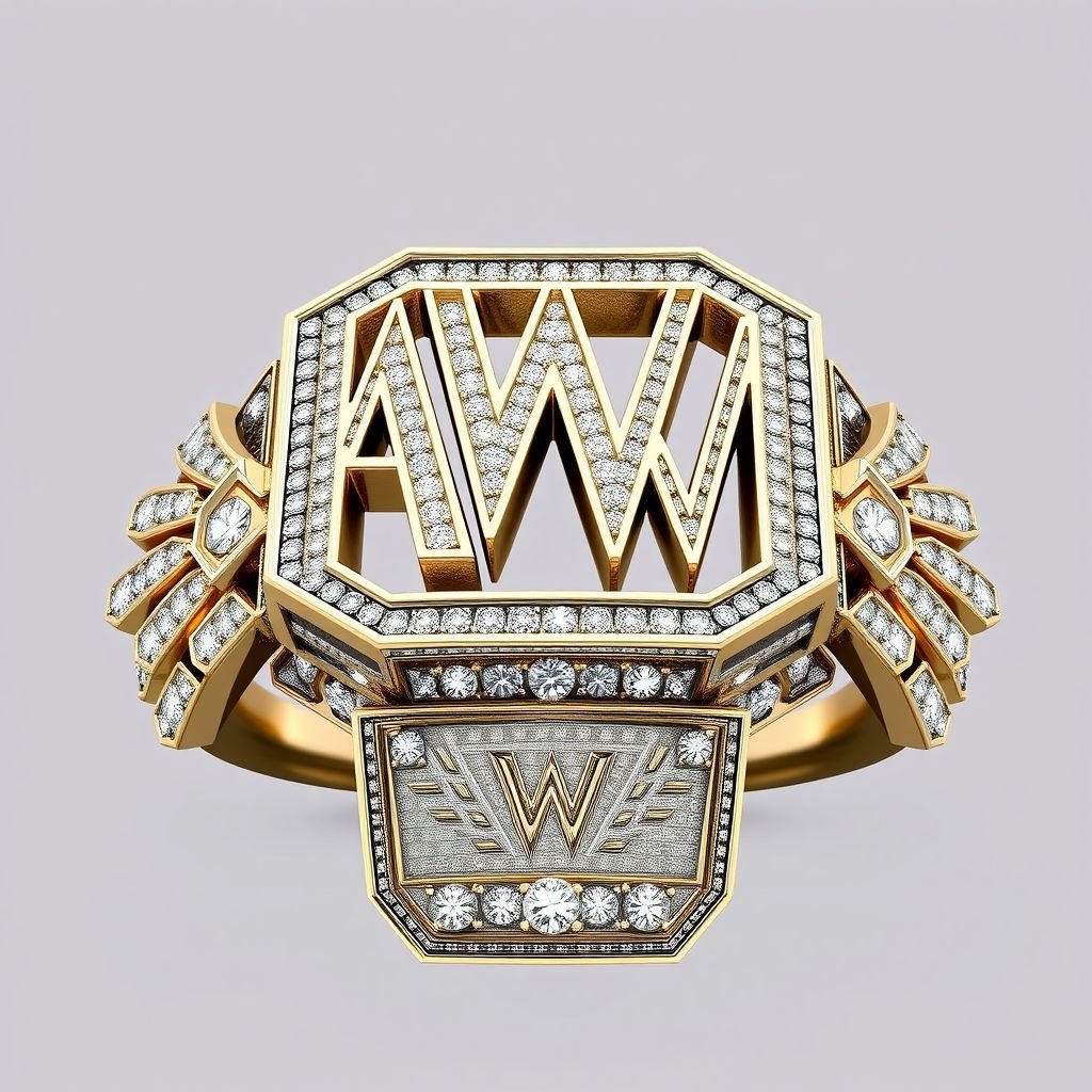 Gangstar style Big AW in the middle at the top small writing always at the bottom small writing working at one side of the ring always on the other side of the ring Wing ring in a  rectangle circular style big and bulky fully ice that diamonds in gold and white gold mix
