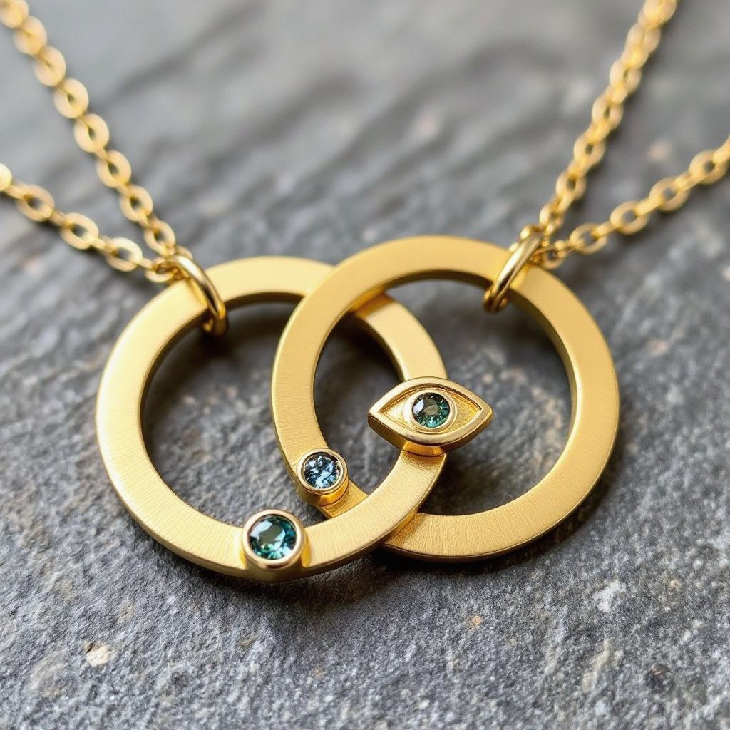 Подвеска из матового золота с узорами и мелкими необработанными матовыми камнями в форме двух пересекающихся окружностей и глаза между ними