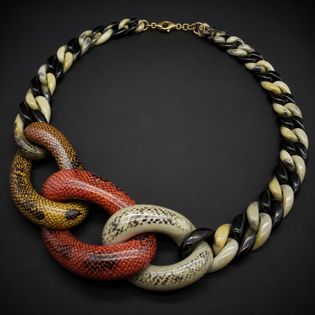 A women's necklace. create a chunky Cuban links style plastic necklace that is graduated and exaggerated in the first three links of colors inspired by poisonous snakes
photorealistic jewelry design, A women's necklace. create a chunky Cuban links style plastic necklace that is graduated and exaggerated in the first three links of colors inspired by poisonous snakes, modern style, just the design no text
