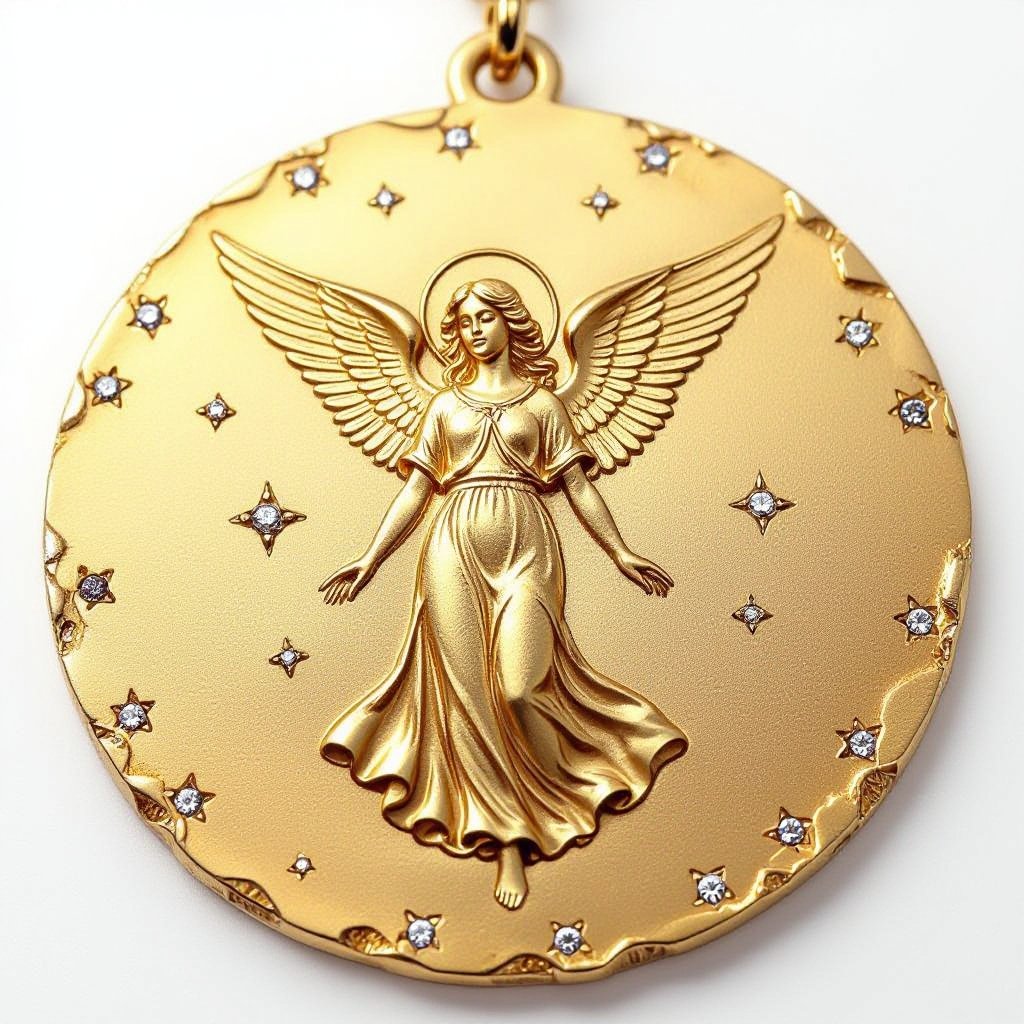 Золотой матовый медальон в форме круга с неровными краями. На круге выгравирован ангел и украшен миниатюрными камнями