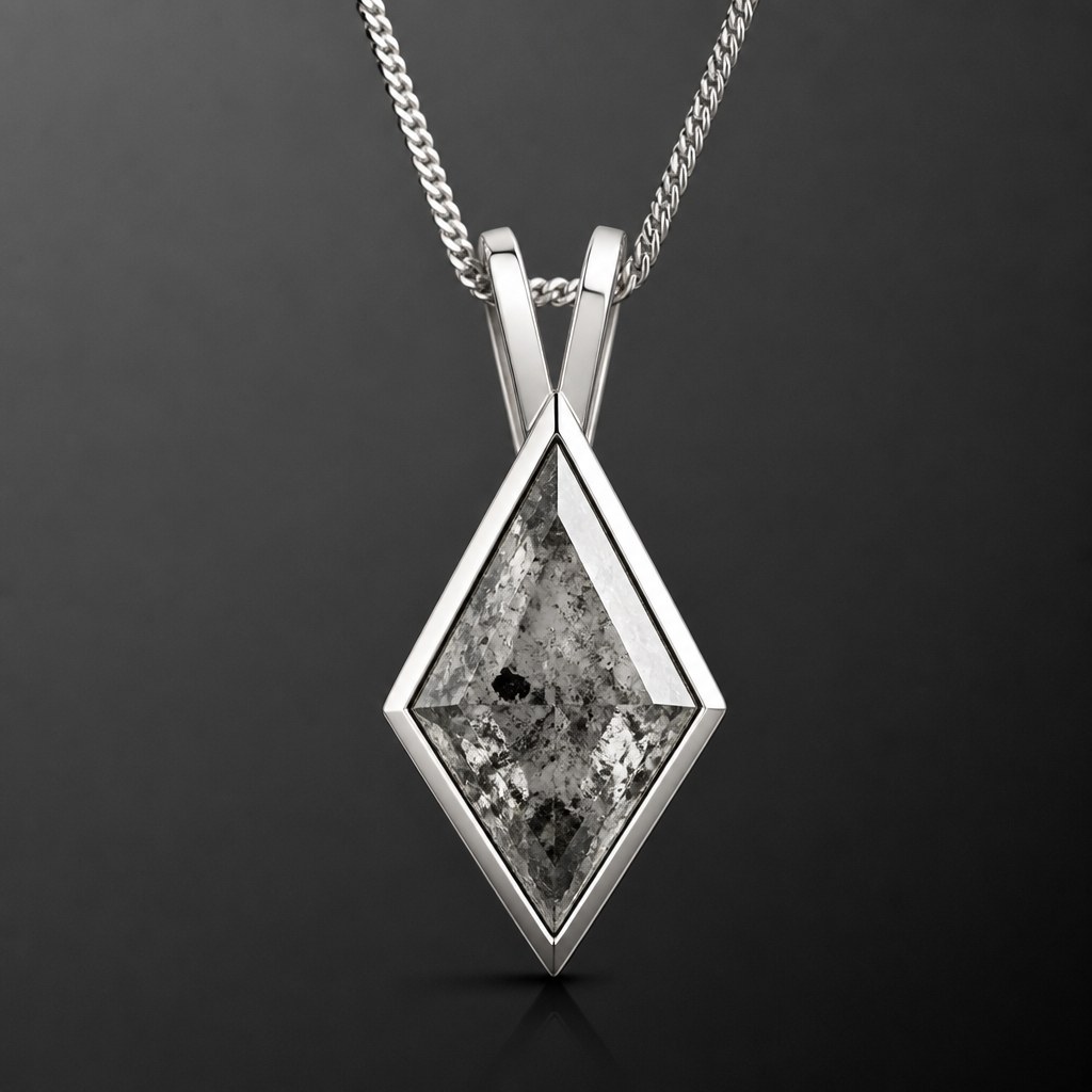 Elegant, classy, sexy and luxurious pendant for men. Gemstone is rhomboid pepper salt diamond of 2.35ct.
Modern jewelry: Modern pendant, minimalist and sleek. Features a rhomboid pepper salt diamond, 2.35ct, set in polished white gold. Clean lines, a statement of contemporary luxury.