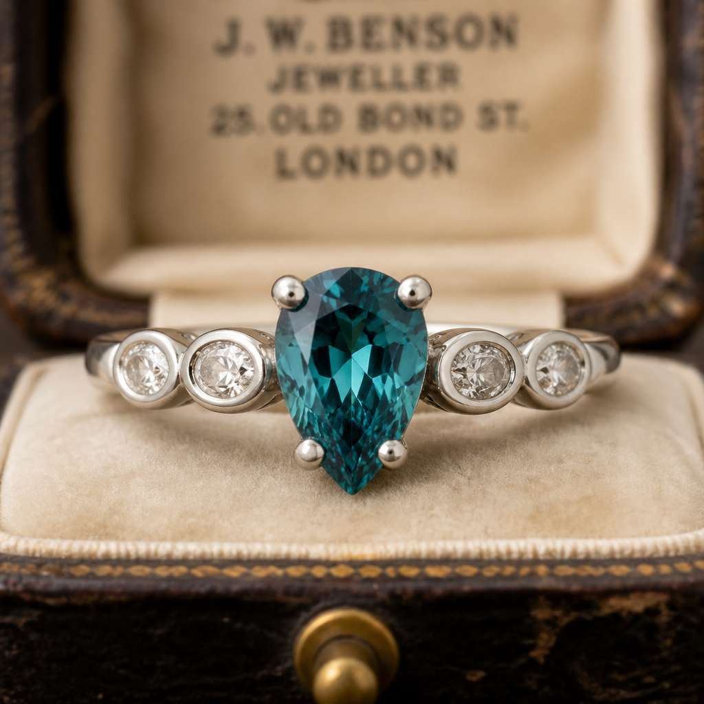 engagement ring in 14k white gold with a pear shaped teal stone in four prongs in the center. On the sides of the center stone are four 4x3 bezel set oval diamonds (set horizontally, not vertically) on the band (two on each side). the rest of the band is half round polished white gold.
Vintage jewelry: Vintage engagement ring, 14k white gold. Pear teal center stone, four prongs. Sides have four bezel set oval diamonds (two per side on band, horizontal). Polished half-round white gold band.
