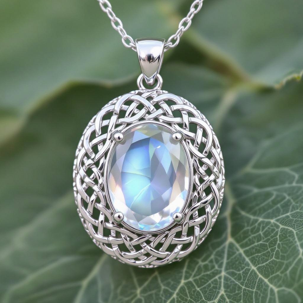 A Celtic 50 carat oval-cut IF smooth moonstone gemstone necklace with white gold lining around it