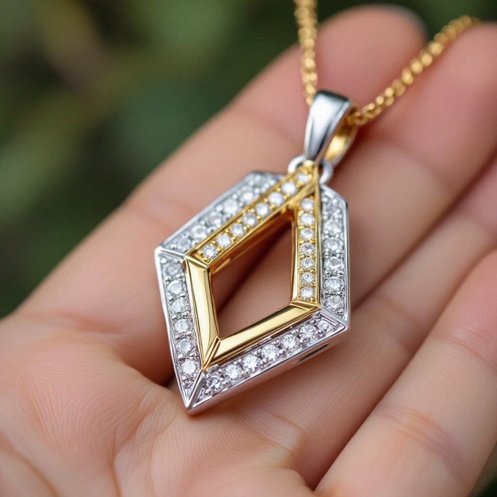 Whute and yellow and tose gold  Geomatric edgy pendant of diamonds vibes of architectural and edge sthle modern contemporary item