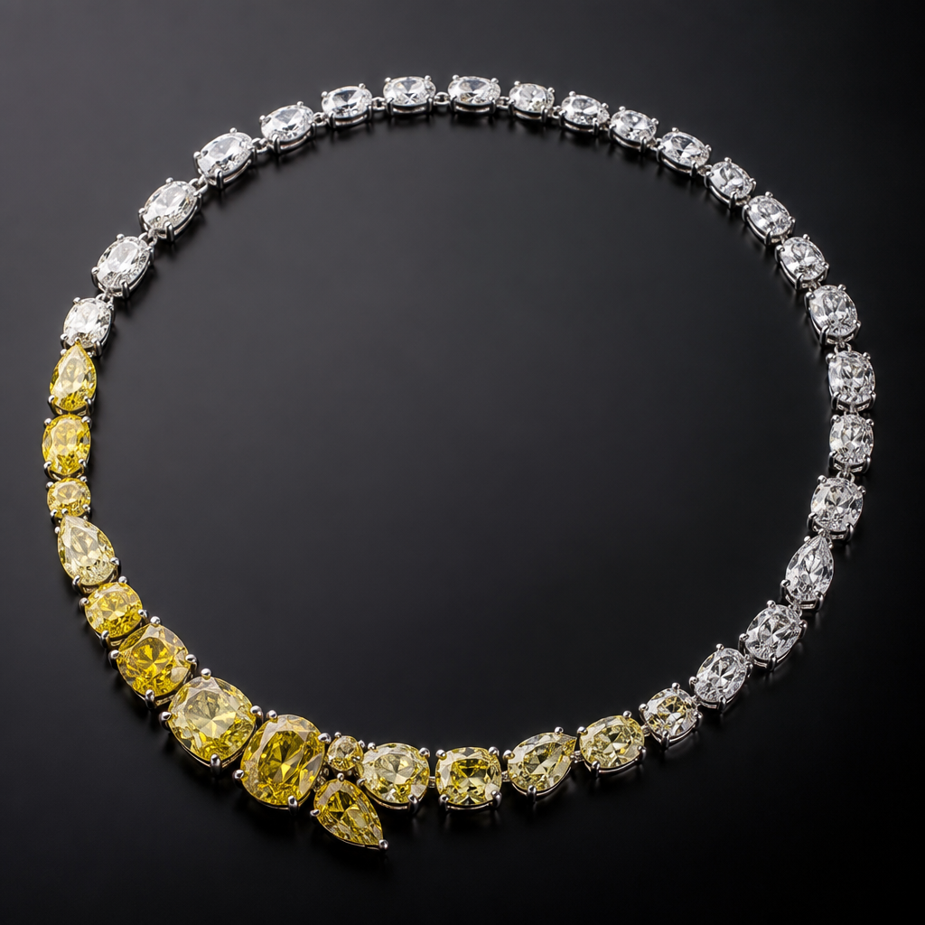 Une colliers rond mais pas collé plein de diamants Un dégradé de jaune
Une cote plus large que l’autre
Or blanc
Style redcarpet
photorealistic jewelry design, Une colliers rond mais pas collé plein de diamants Un dégradé de jaune
Une cote plus large que l’autre
Or blanc
Style redcarpet, choker style, just the design no text