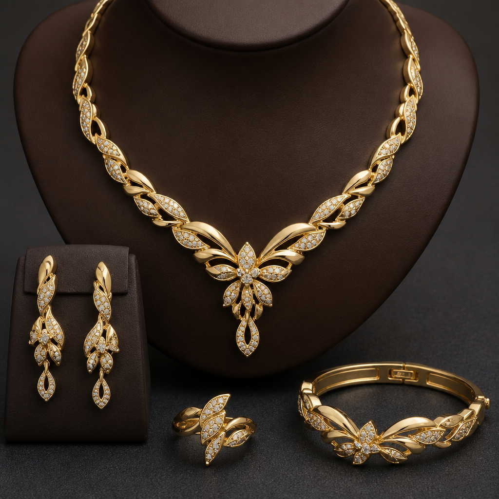 A luxury women's necklace made of gold, detailed and decorative, moderately ornate. make earrings and ring and bracelet with it as same design
photorealistic jewelry design, A luxury women's necklace made of gold, detailed and decorative, moderately ornate. make earrings and ring and bracelet with it as same design, luxury style, just the design no text