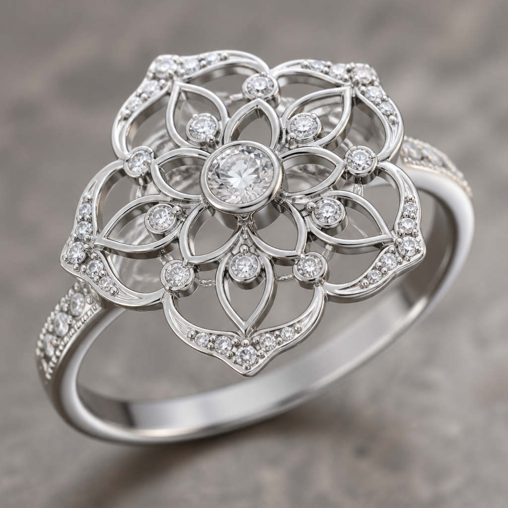 A women's ring made of silver with diamond stones. bague style mandala feminin delicat et metal avec de fine ligne,
photorealistic jewelry design, A women's ring made of silver with diamond stones. bague style mandala feminin delicat et metal avec de fine ligne,, modern style, just the design no text