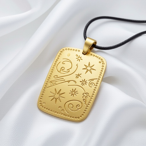 Золотой матовый медальон в форме неровного прямоугольника с округлыми краями. По краям выпуклые точки сплошной линией. На прямоугольнике разные мелкие узоры вырезаны. Символически изображена земля и звезды