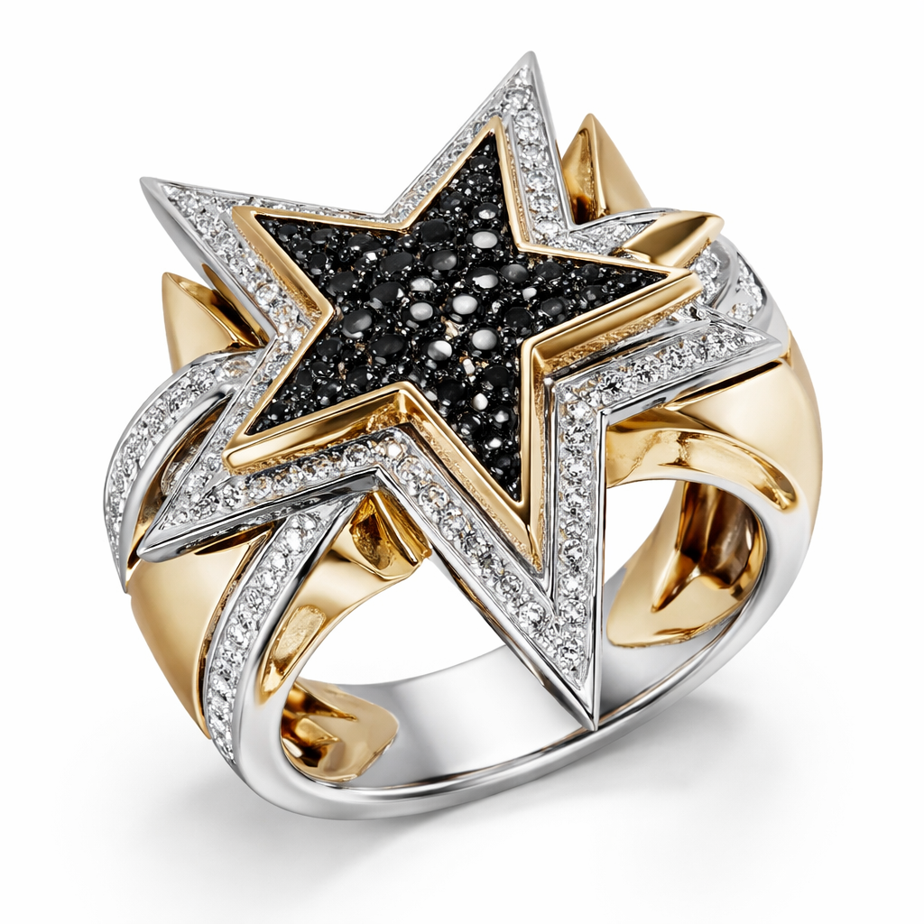 Unique modern edgy ring of Unique design of edges and bold shapes of nice unique star with black diamonds and white diamonds of white background combined of yellow and white gold