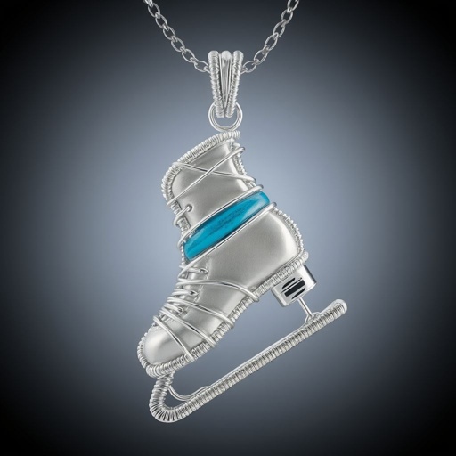 Silver Pendant shape one ice skate with turquoise stripe inside the low thin part blade