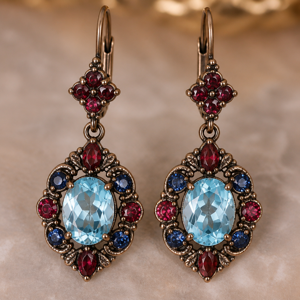 A vintage women's earrings made of copper with topaz and garnet and ruby and sapphire stones suitable for anniversary
photorealistic jewelry design, A vintage women's earrings made of copper with topaz and garnet and ruby and sapphire stones suitable for anniversary, vintage style, just the design no text