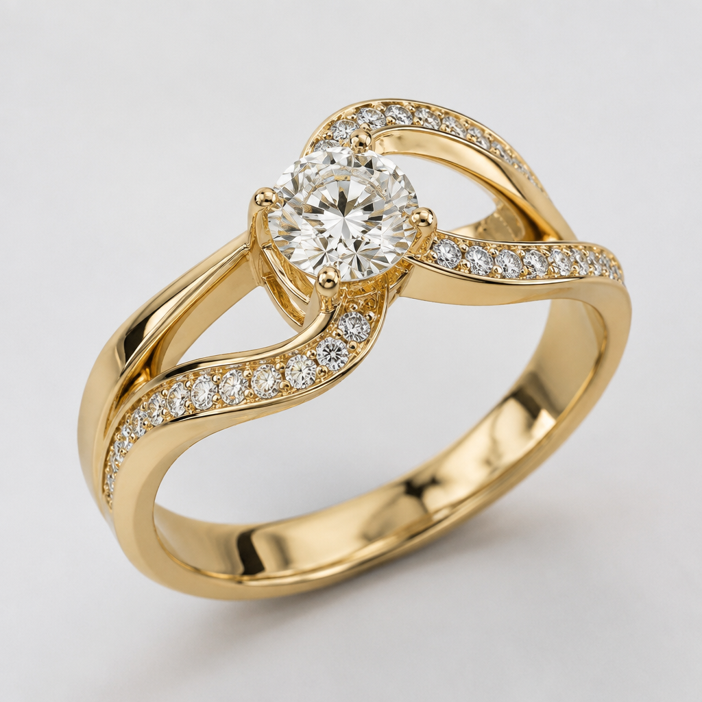 A women's ring made of gold with diamond stones
photorealistic jewelry design, A women's ring made of gold with diamond stones, modern style, just the design no text