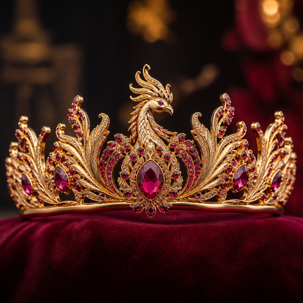 A royal women's tiara made of gold with ruby stones suitable for engagement. Fire phoenix π¦βπ₯
photorealistic jewelry design, A royal women's tiara made of gold with ruby stones suitable for engagement. Fire phoenix π¦βπ₯, royal style, just the design no text