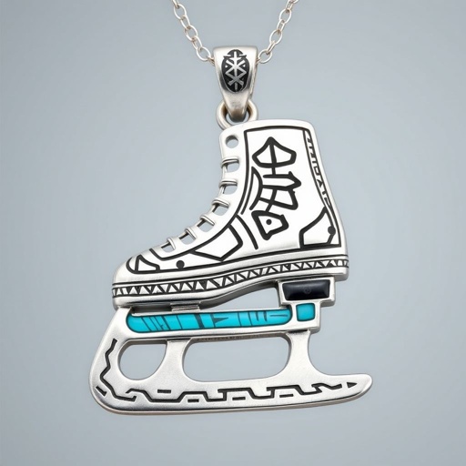 Silver Pendant shape one ice skate with turquoise stripe inside the low thin part blade
