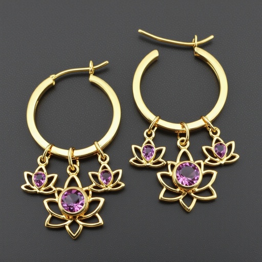 Серьги кольца диаметр 14 мм, подвески в виде золотых лотосов шестью лепестками с маленьким розовым кварцем по центру