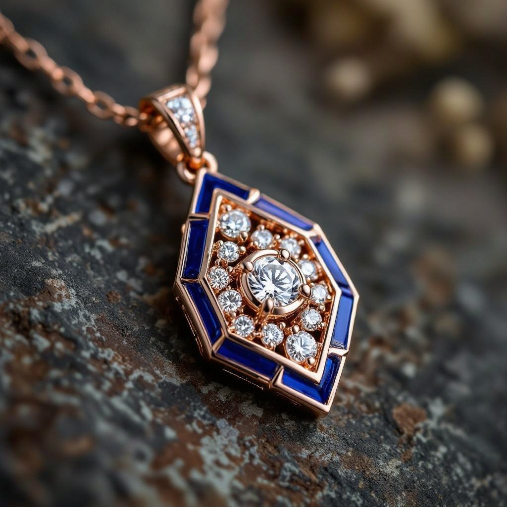 Pendant of different colors Geomatric edge of diamonds shaded of edge element in water background and vibes Rose gold , geometric diamonds, bezel set.  motif, blue enamel. Rose gold , geometric diamonds, bezel set.  motif, blue enamel.