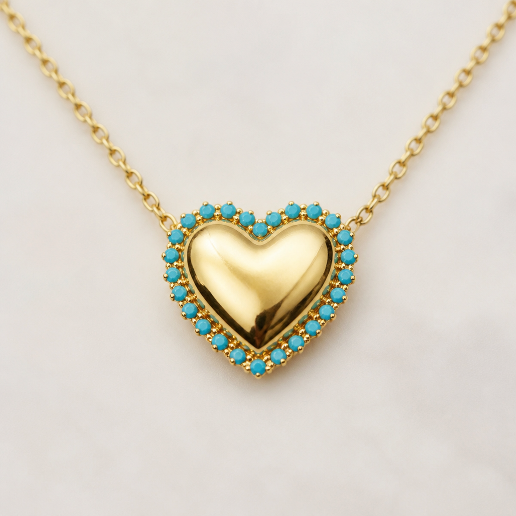 Create another heart necklace made of solid gold and surrounded by tiny tiny turquoise stones
photorealistic jewelry design, Create another heart necklace made of solid gold and surrounded by tiny tiny turquoise stones , just the design no text