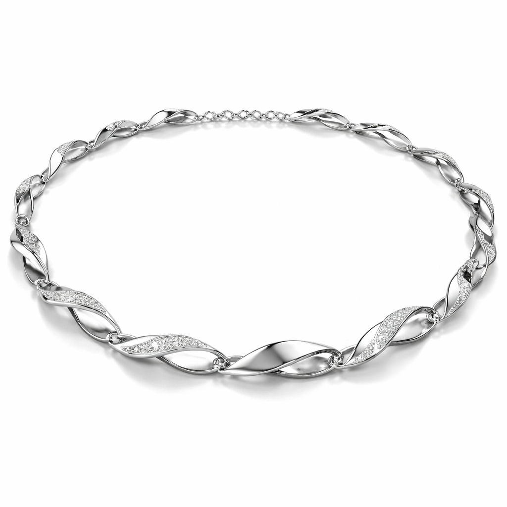 A flexible necklace which is not rigid and inspired of twisted flat wire and it has links that connected the small pieces with eachothe and it has diamondr