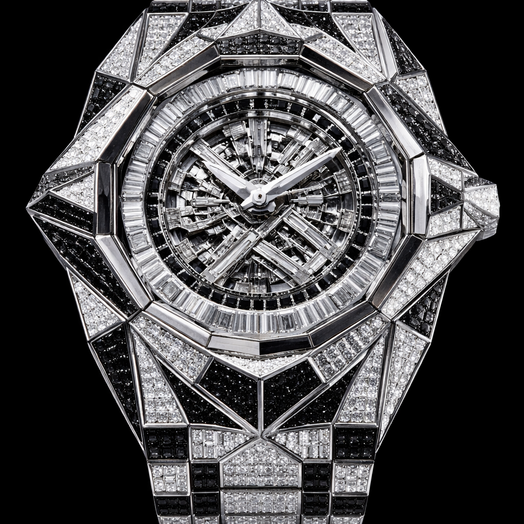 Geomatric watch of architecture shape and edges of unique design of white and black diamonds