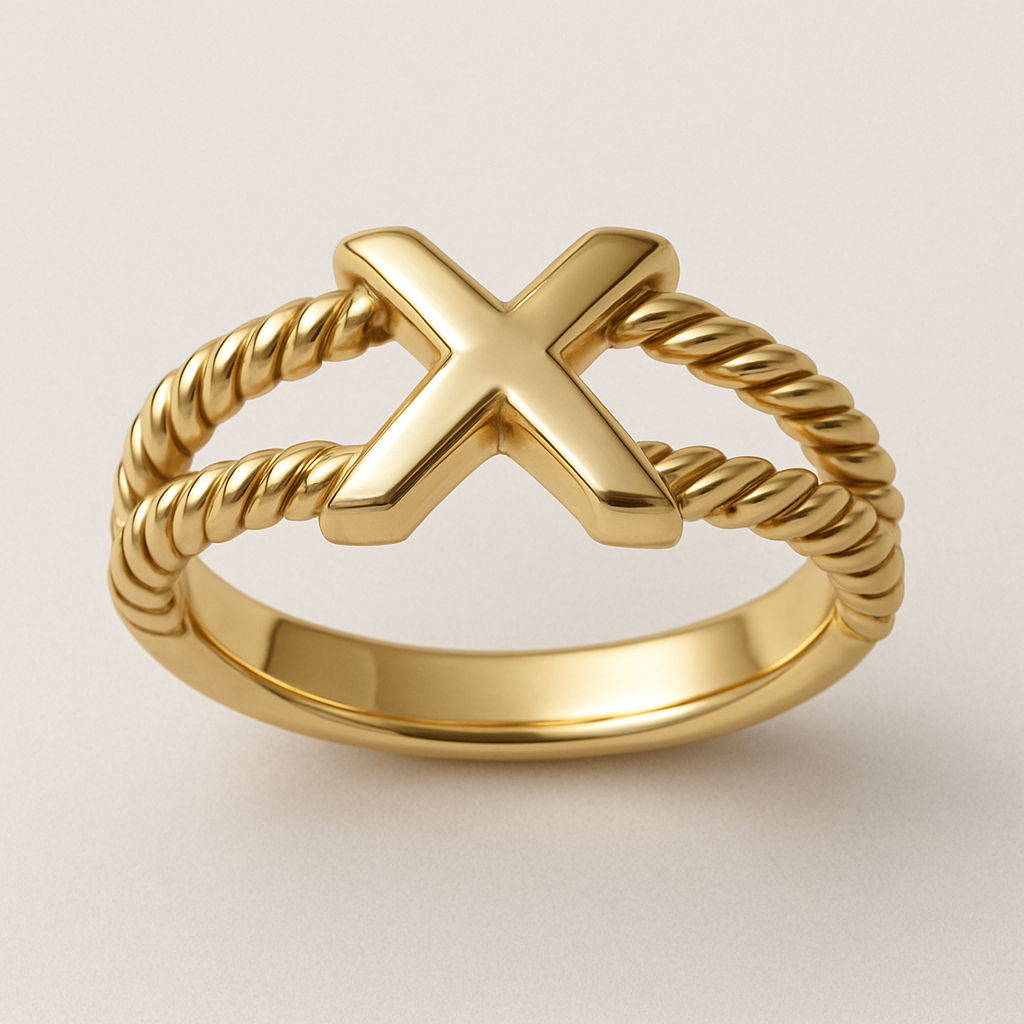 Create a ring that is inspired by iconic Tiffany a ring with an X on it. In addition, I like to have a rope like elements on it as in David Yurman.