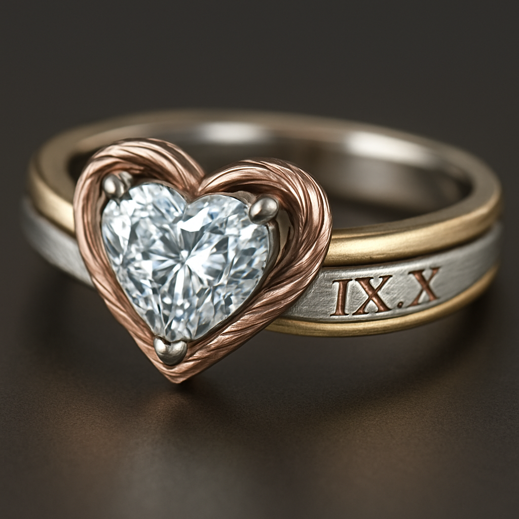 العنصر	: المواصفات التفصيلية للمُصمم / الصائغ الستايل	:أنثوي، راقٍ، حديث، غير مكرر. يجمع بين الفخامة والرقة والرومانسية. الحجر المركزي: 	ألماسة طبيعية، شكل قلب ، بتثبيت ثلاثي ناعم (V-Prong) من الذهب الأبيض. تثبيت الألوان	: هيكل ثلاثي الألوان (Tri-Color Fusion 18K): (1) ذهب أبيض للقاعدة والثبات. (2) ذهب وردي لرمز اللانهاية والنقش. (3) ذهب أصفر للحواف الخارجية اللامعة فقط. رمز اللانهاية (  رمز الانفينتي) 	: يتشابك حول قاعدة الألماسة، مصنوع من خيوط دقيقة متداخلة من الذهب الوردي والأبيض. النقش الخارجي	: التاريخ IX.X محفور بارزاً (In Relief) على الحافة الخارجية للساق، ومُلمَّع بالذهب الوردي (High-Polish Rose Gold). اللمسات النهائية	: تباين بين اللمعان العالي (High Polish) للحواف والذهب الأصفر، وبين اللمعان الناعم (Soft Polish/Brushed Finish) للهيكل الداخلي. لقطة العرض المطلوبة: 	لقطة 45 التركيز: التركيز الأساسي على الألماسة المركزية، مع وضوح حاد للنقش (IX.X) ورمز اللانهاية المتشابك. التوازن المثالي بين الظلال (Deep Shadows) واللمعان (Sparkle).