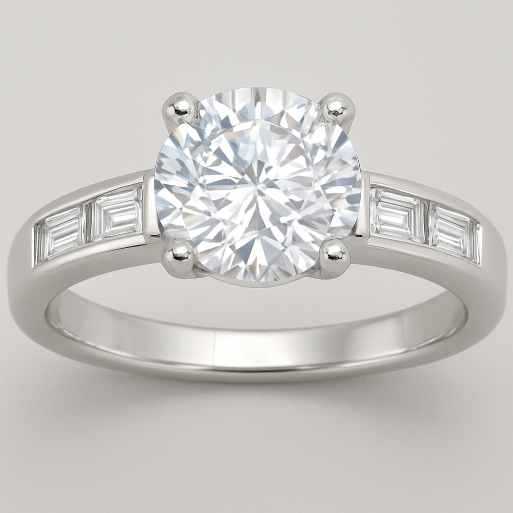 White gold diamond engagement ring 1ct circle solitaire stone vs2 with .5ct baguette shaped diamonds on the band. 