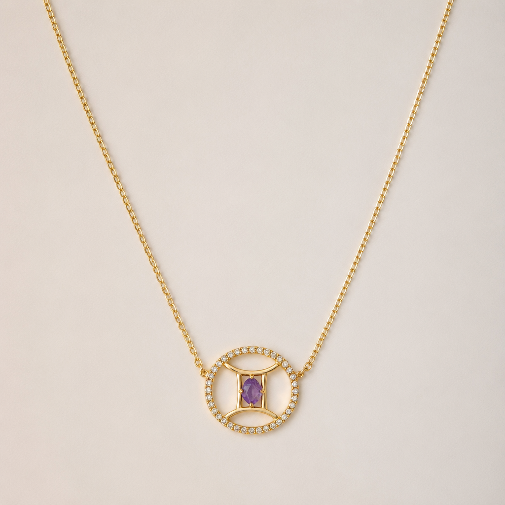 A minimalist women's necklace made of gold with amethyst stones suitable for daily wear. um colar com fio dourado, ouro, a joia em um circulo cheio de 0,05mm, cravado em si o signo gemeos contendo no seu centro um estilhaço de amethyst. um fio elegante, discreto, com um toque de charme e delicado
photorealistic jewelry design, A minimalist women's necklace made of gold with amethyst stones suitable for daily wear. um colar com fio dourado, ouro, a joia em um circulo cheio de 0,05mm, cravado em si o signo gemeos contendo no seu centro um estilhaço de amethyst. um fio elegante, discreto, com um toque de charme e delicado, minimalist style, just the design no text