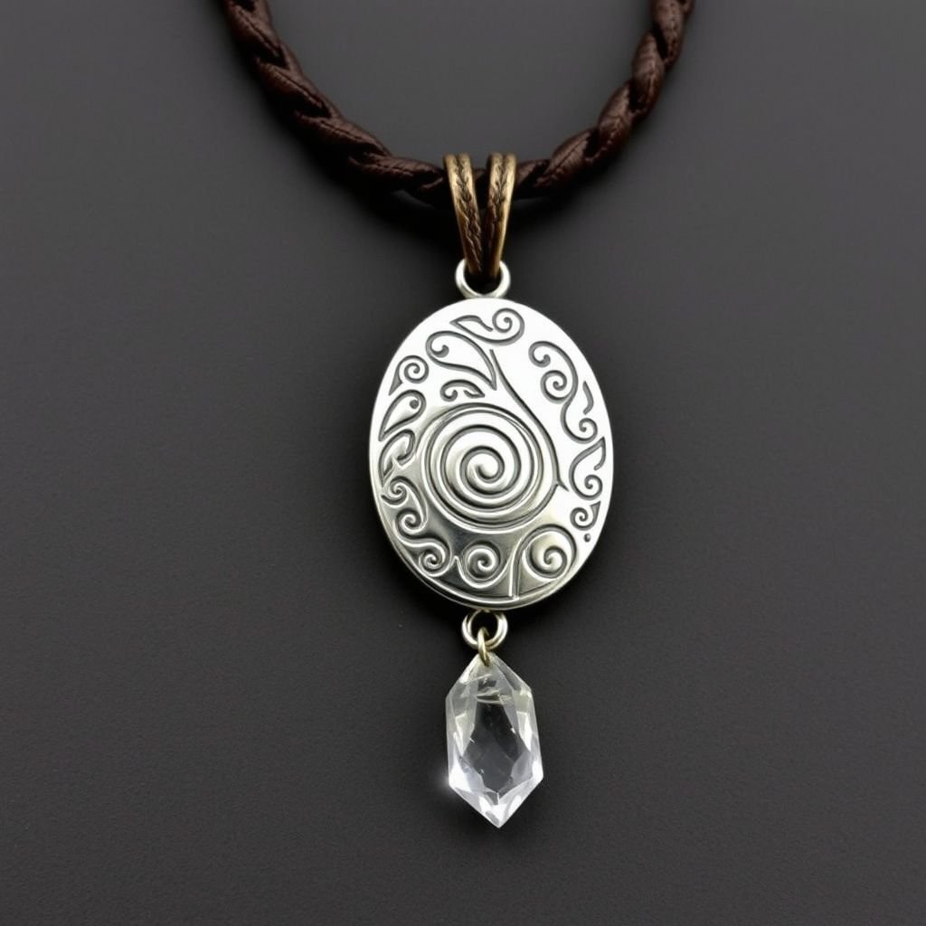 necklace on thick leather cord with big silver pendant and crystal stone charm 