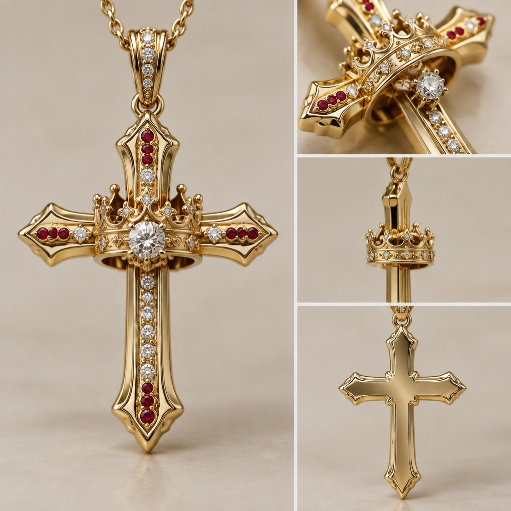 A women's ring. a gold cross necklace with a diamond in the middle and three little rubies in every point in a straight line they are very small, and a moveable gold crown on the cross with the words he is with you in the crown ant it it should be a kings crown and little diamonds all around and it's in the middle and the crown goes over one point sides and it can spin. on the backof the cross is a ingravemet the Bible verse 1 Peter 5:7
photorealistic jewelry design, A women's ring. a gold cross necklace with a diamond in the middle and three little rubies in every point in a straight line they are very small, and a moveable gold crown on the cross with the words he is with you in the crown ant it it should be a kings crown and little diamonds all around and it's in the middle and the crown goes over one point sides and it can spin. on the backof the cross is a ingravemet the Bible verse 1 Peter 5:7, modern style, just the design no text