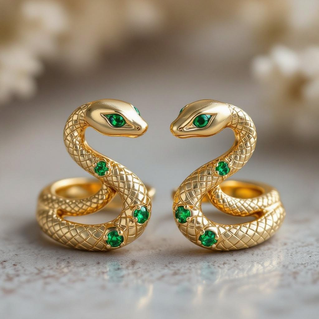 Небольшие золотые матовые серьги в виде символической змеи