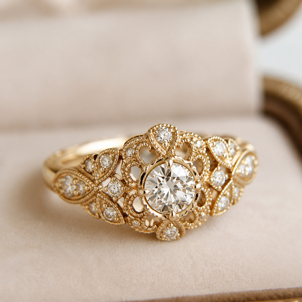 A vintage women's ring made of gold with diamond stones suitable for wedding
photorealistic jewelry design, A vintage women's ring made of gold with diamond stones suitable for wedding, vintage style, just the design no text