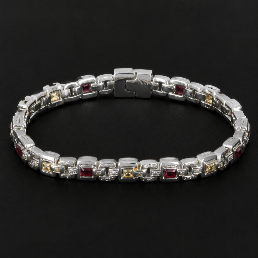 A men's bracelet made of white gold with diamond and ruby stones. una delicada cadena con diamante amarillos y rubies y que mantenga el mismo tejido de la foto
photorealistic jewelry design, A men's bracelet made of white gold with diamond and ruby stones. una delicada cadena con diamante amarillos y rubies y que mantenga el mismo tejido de la foto, modern style, just the design no text