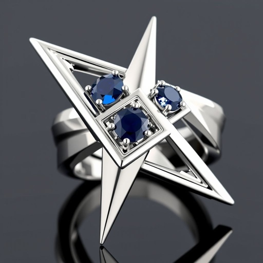 Geomatric architecture ring white gold of white diamonds and blue sapphire of edgey style and vibe