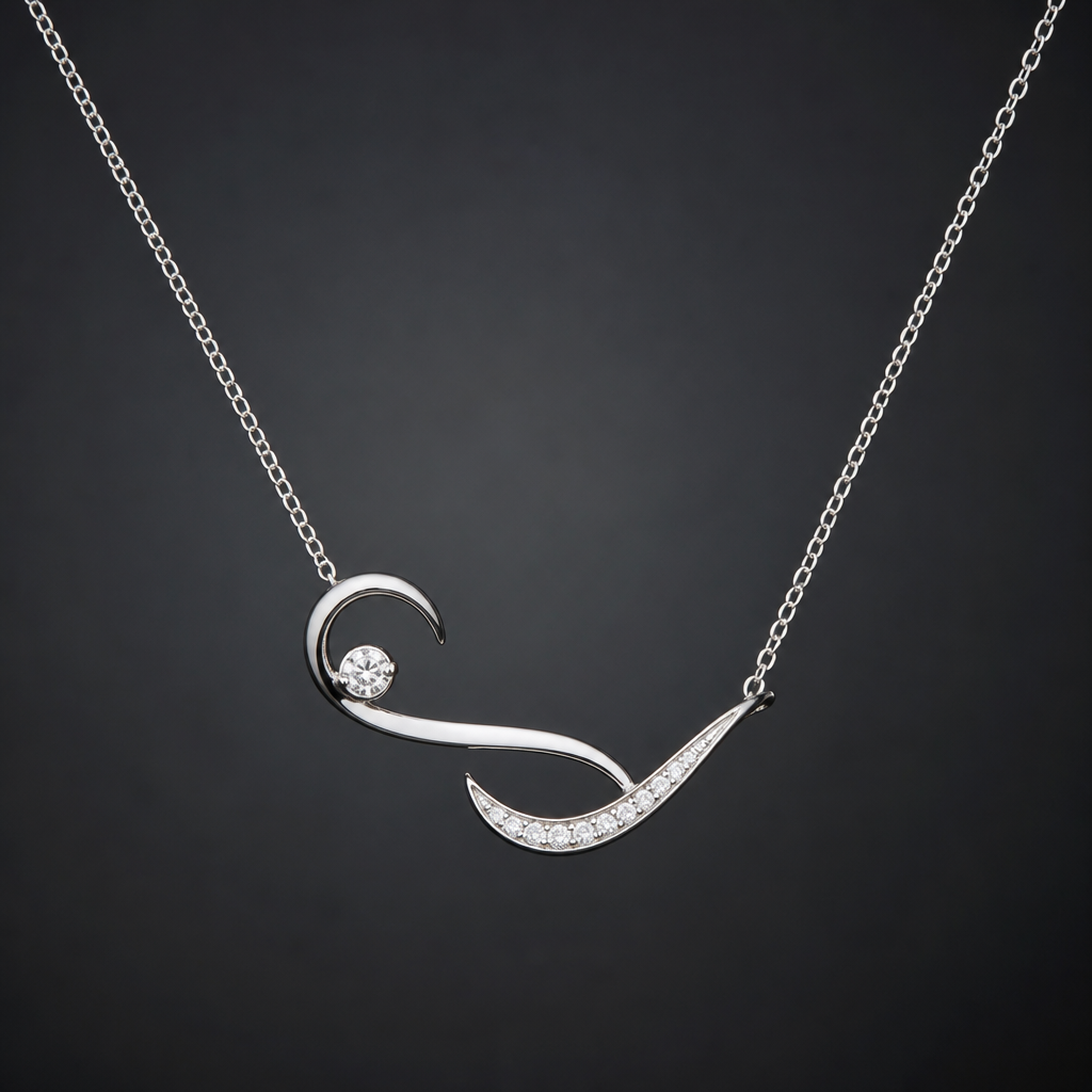 A minimalist women's necklace made of silver with diamond stones. Collier simple avec métal mince avec avec quelques diamants, mais qui fait ressentir une émotion style artistique avec des courbes
photorealistic jewelry design, A minimalist women's necklace made of silver with diamond stones. Collier simple avec métal mince avec avec quelques diamants, mais qui fait ressentir une émotion style artistique avec des courbes, minimalist style, just the design no text